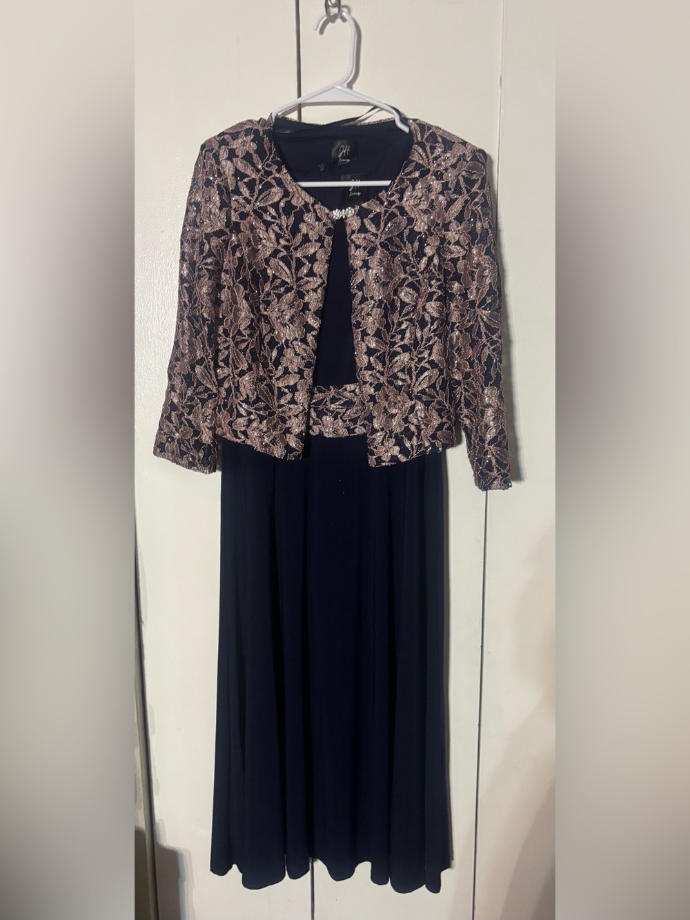 Jessica Howard Navy Dress with Rose Gold Lace Jacket